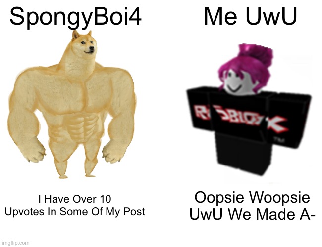 UwU | SpongyBoi4; Me UwU; I Have Over 10 Upvotes In Some Of My Post; Oopsie Woopsie UwU We Made A- | image tagged in memes,buff doge vs cheems | made w/ Imgflip meme maker