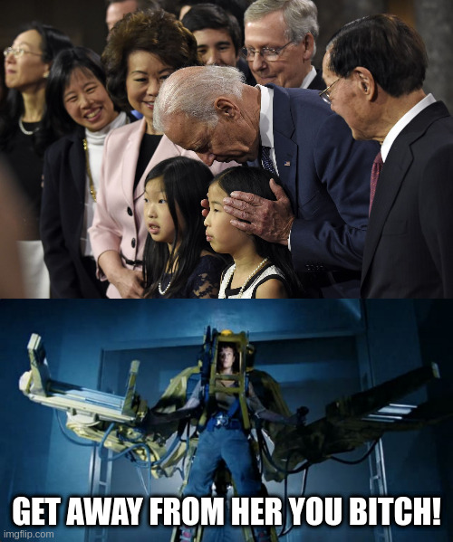 GET AWAY FROM HER YOU BITCH! | image tagged in biden asian girls 2,ripley powerloader | made w/ Imgflip meme maker
