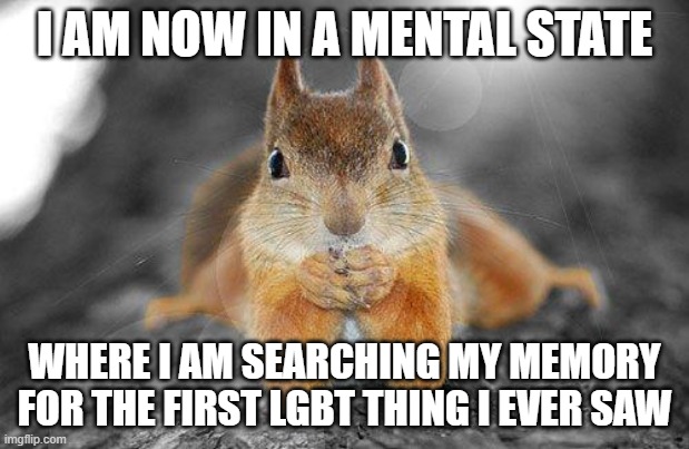 Squirrel therapist | I AM NOW IN A MENTAL STATE; WHERE I AM SEARCHING MY MEMORY FOR THE FIRST LGBT THING I EVER SAW | image tagged in squirrel therapist,lgbtq,memes,thinking,what was it | made w/ Imgflip meme maker