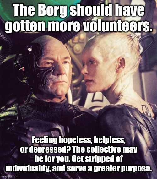 Borg Queen and Locutus |  The Borg should have gotten more volunteers. Feeling hopeless, helpless, or depressed? The collective may be for you. Get stripped of individuality, and serve a greater purpose. | image tagged in borg queen and locutus,star trek,star trek the next generation,borg,the borg,memes | made w/ Imgflip meme maker