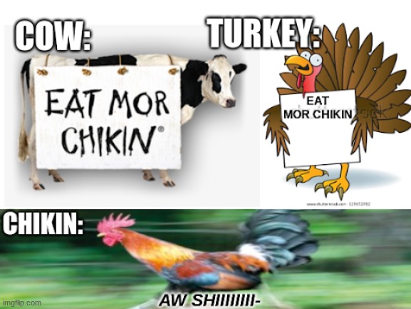 eat mor chikin | image tagged in memes,chicken,cow,turkey,sign,chicken running | made w/ Imgflip meme maker