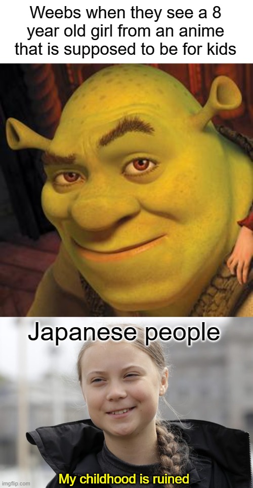 Why do weebs lewd girls from kids' anime? It's even worse than them lewding girls from anime not marketed for kids | Weebs when they see a 8 year old girl from an anime that is supposed to be for kids; Japanese people; My childhood is ruined | image tagged in shrek sexy face,my childhood is ruined,rule 34,weebs,AnimeHate | made w/ Imgflip meme maker