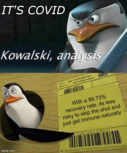 Penguins | IT'S COVID; With a 99.73% recovery rate, its less risky to skip the shot and just get immune naturally | image tagged in kowalski analysis | made w/ Imgflip meme maker