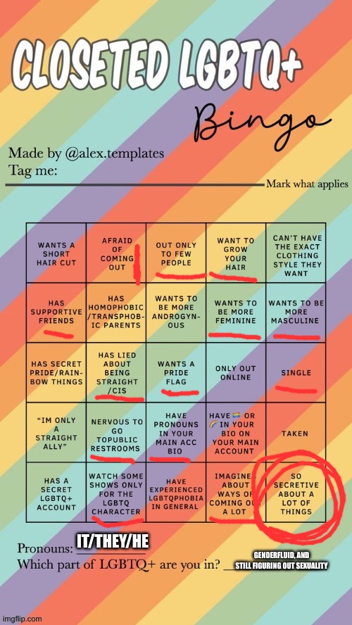 Closeted LGBTQ+ Bingo | IT/THEY/HE; GENDERFLUID, AND STILL FIGURING OUT SEXUALITY | image tagged in closeted lgbtq bingo | made w/ Imgflip meme maker