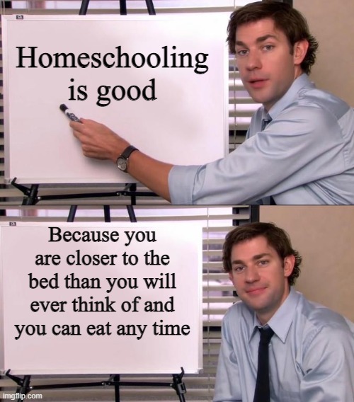 Jim Halpert Explains | Homeschooling is good; Because you are closer to the bed than you will ever think of and you can eat any time | image tagged in jim halpert explains | made w/ Imgflip meme maker