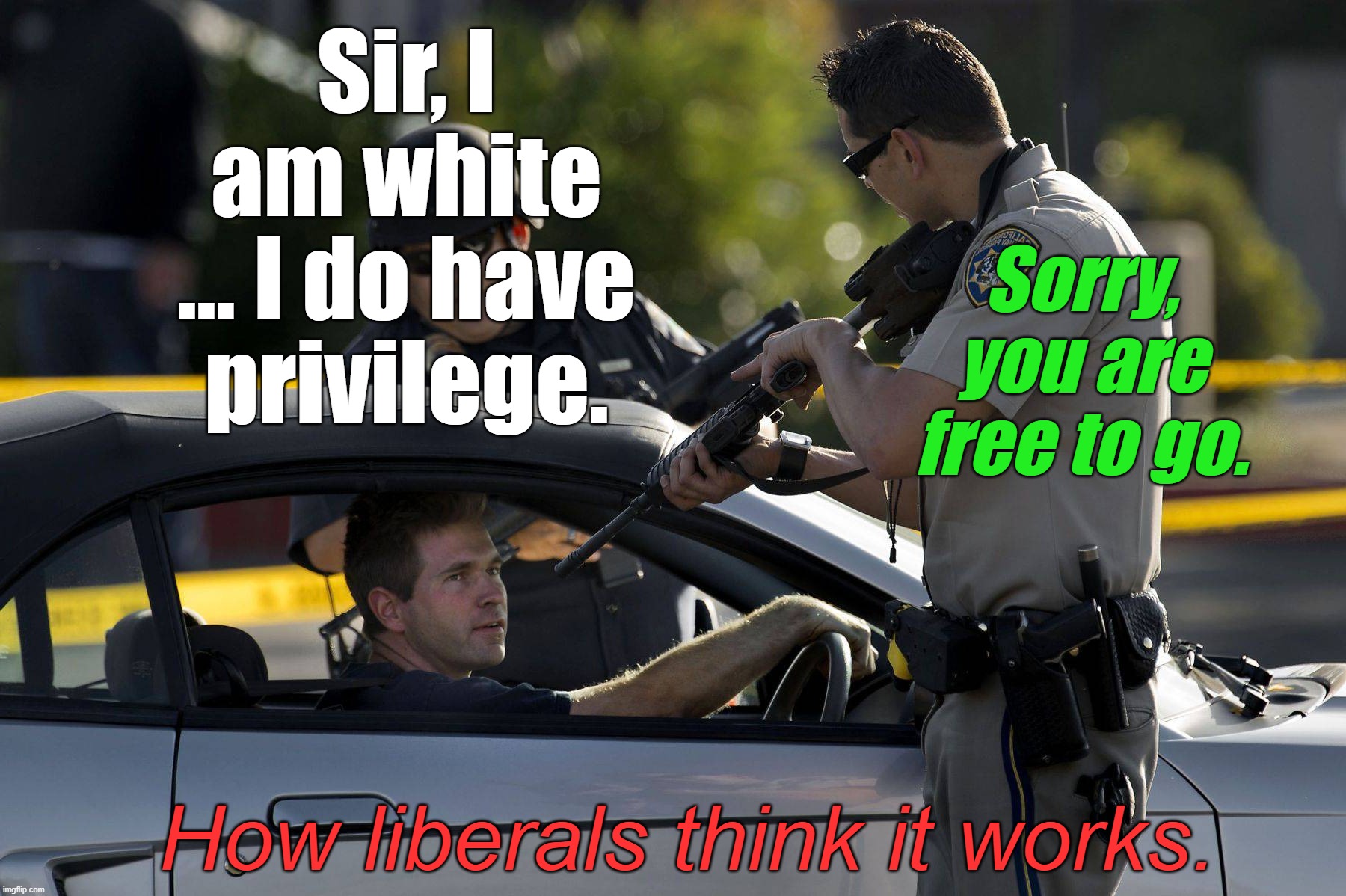 Sir, I am white ... I do have privilege. Sorry, you are free to go. How liberals think it works. | image tagged in political meme,white privilege | made w/ Imgflip meme maker