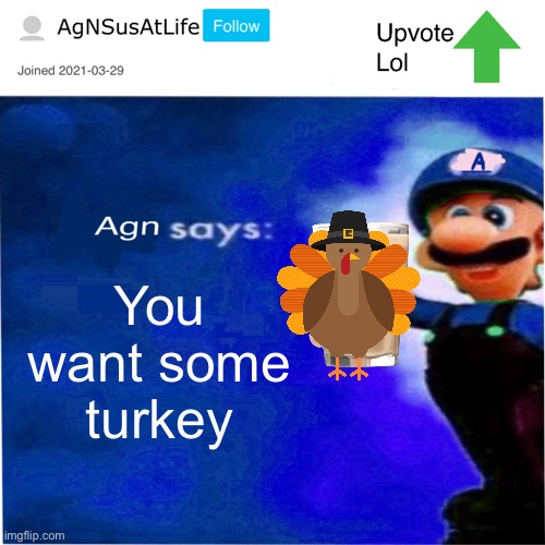 Turk | You want some turkey | image tagged in agn s message,thanksgiving,turkeys | made w/ Imgflip meme maker