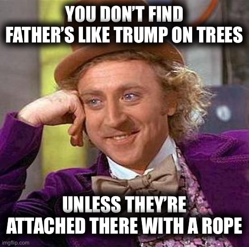 Creepy Condescending Wonka Meme | YOU DON’T FIND FATHER’S LIKE TRUMP ON TREES; UNLESS THEY’RE ATTACHED THERE WITH A ROPE | image tagged in memes,creepy condescending wonka | made w/ Imgflip meme maker