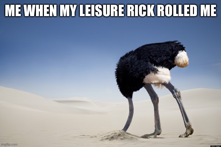 It actually happened ?? | ME WHEN MY LEISURE RICK ROLLED ME | image tagged in ostrich head in sand | made w/ Imgflip meme maker