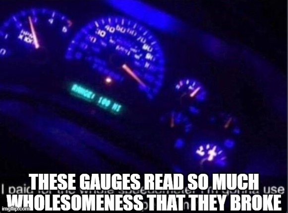 Speedometer | THESE GAUGES READ SO MUCH WHOLESOMENESS THAT THEY BROKE | image tagged in speedometer | made w/ Imgflip meme maker