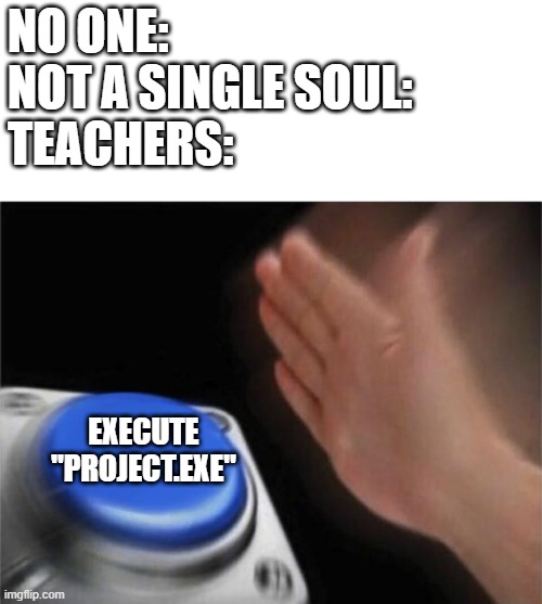 Teachers be like: | NO ONE:
NOT A SINGLE SOUL:
TEACHERS:; EXECUTE "PROJECT.EXE" | image tagged in memes,blank nut button | made w/ Imgflip meme maker