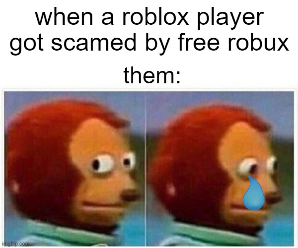 Monkey Puppet Meme | when a roblox player got scamed by free robux; them: | image tagged in memes,monkey puppet | made w/ Imgflip meme maker