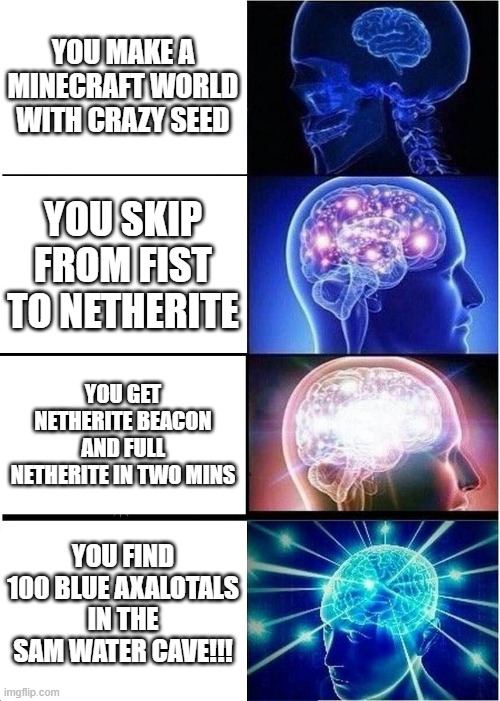 Expanding Brain Meme | YOU MAKE A MINECRAFT WORLD WITH CRAZY SEED; YOU SKIP FROM FIST TO NETHERITE; YOU GET NETHERITE BEACON AND FULL NETHERITE IN TWO MINS; YOU FIND 100 BLUE AXALOTALS IN THE SAM WATER CAVE!!! | image tagged in memes,expanding brain | made w/ Imgflip meme maker