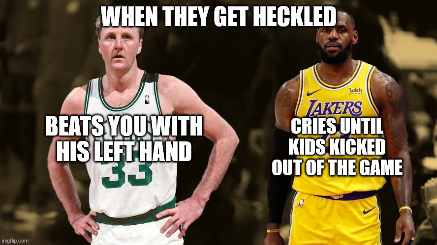 WHEN THEY GET HECKLED; BEATS YOU WITH HIS LEFT HAND; CRIES UNTIL KIDS KICKED OUT OF THE GAME | image tagged in lebron james,lechina | made w/ Imgflip meme maker