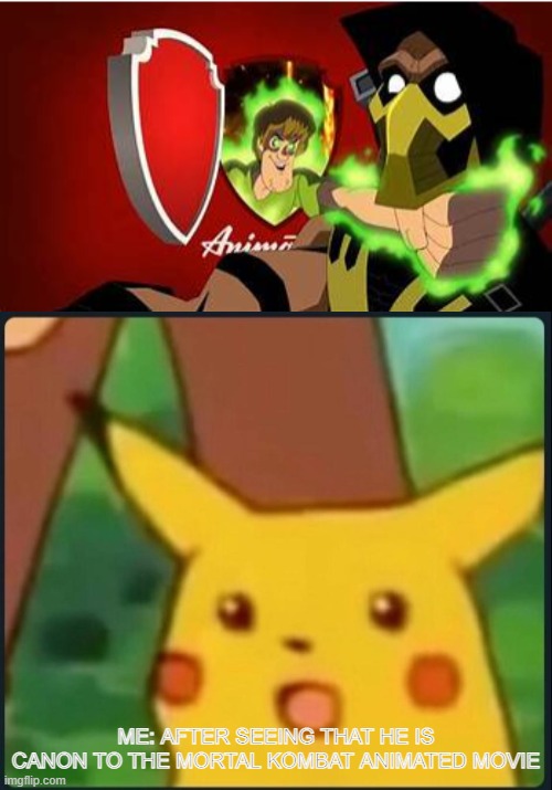 HE'S CANON LESSS GOOOOOOOOOOOO | ME: AFTER SEEING THAT HE IS CANON TO THE MORTAL KOMBAT ANIMATED MOVIE | image tagged in surprised pikachu,ultra instinct shaggy,yooo,oh wow are you actually reading these tags,mortal kombat | made w/ Imgflip meme maker