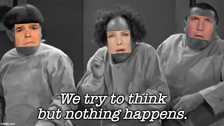 Nyuckleheads. | We try to think
but nothing happens. | image tagged in memes,laura ingraham,tucker carlson,stooges,sean is their leader | made w/ Imgflip meme maker