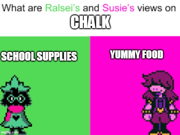 Ralsei and Susie | CHALK; YUMMY FOOD; SCHOOL SUPPLIES | image tagged in ralsei and susie | made w/ Imgflip meme maker