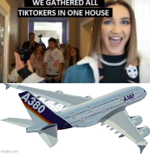 Airplane again | image tagged in we gathered all tiktokers in one house,airbus a380,memes | made w/ Imgflip meme maker