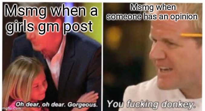 Oh dear, dear gorgeus | Msmg when a girls gm post; Msmg when someone has an opinion | image tagged in oh dear dear gorgeus | made w/ Imgflip meme maker
