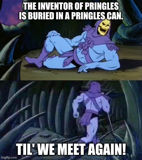 TF?!?!?! | THE INVENTOR OF PRINGLES IS BURIED IN A PRINGLES CAN. TIL' WE MEET AGAIN! | image tagged in skeletor disturbing facts | made w/ Imgflip meme maker