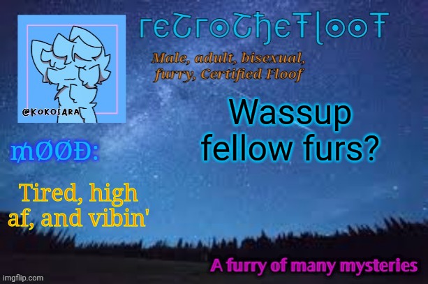 æ | Wassup fellow furs? Tired, high af, and vibin' | image tagged in retrothefloof official announcement template 2 | made w/ Imgflip meme maker