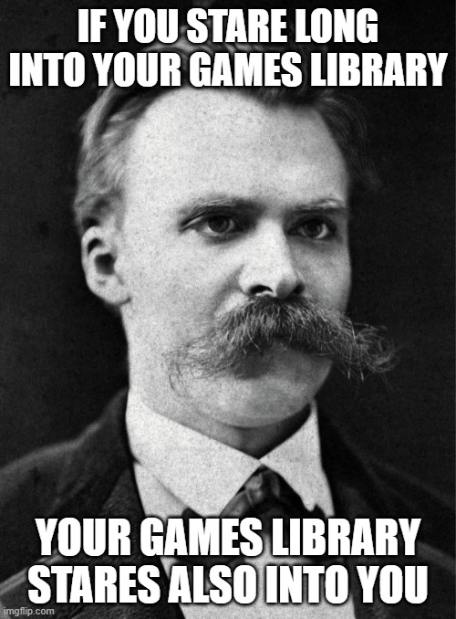 If you stare long into your games library |  IF YOU STARE LONG INTO YOUR GAMES LIBRARY; YOUR GAMES LIBRARY STARES ALSO INTO YOU | image tagged in nietzsche | made w/ Imgflip meme maker
