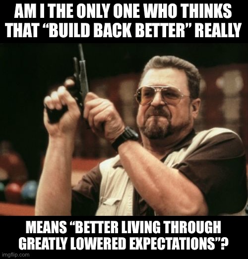 Lower your expectations | AM I THE ONLY ONE WHO THINKS THAT “BUILD BACK BETTER” REALLY; MEANS “BETTER LIVING THROUGH GREATLY LOWERED EXPECTATIONS”? | image tagged in memes,am i the only one around here | made w/ Imgflip meme maker