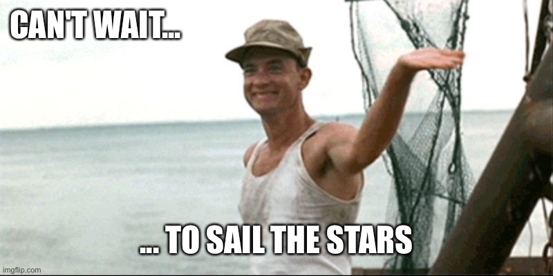 Forest Gump waving | CAN'T WAIT... ... TO SAIL THE STARS | image tagged in forest gump waving | made w/ Imgflip meme maker