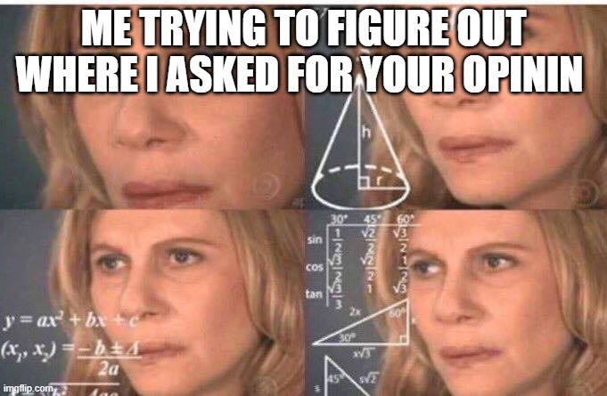 bro | ME TRYING TO FIGURE OUT WHERE I ASKED FOR YOUR OPININ | image tagged in math lady/confused lady | made w/ Imgflip meme maker