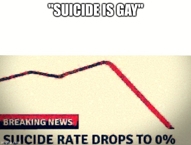 SUICIDE RATE DROPS TO 0% | "SUICIDE IS GAY" | image tagged in suicide rate drops to 0 | made w/ Imgflip meme maker