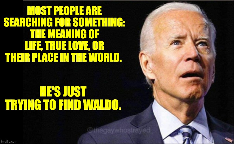 Biden | MOST PEOPLE ARE SEARCHING FOR SOMETHING: THE MEANING OF LIFE, TRUE LOVE, OR THEIR PLACE IN THE WORLD. HE'S JUST TRYING TO FIND WALDO. | image tagged in joe biden | made w/ Imgflip meme maker