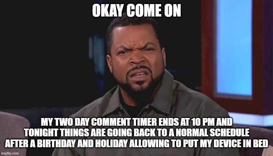 Annoyance 100 | OKAY COME ON; MY TWO DAY COMMENT TIMER ENDS AT 10 PM AND TONIGHT THINGS ARE GOING BACK TO A NORMAL SCHEDULE AFTER A BIRTHDAY AND HOLIDAY ALLOWING TO PUT MY DEVICE IN BED | image tagged in really ice cube | made w/ Imgflip meme maker