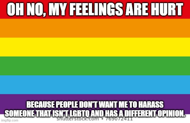 This is the modern LGBTQ | OH NO, MY FEELINGS ARE HURT; BECAUSE PEOPLE DON'T WANT ME TO HARASS SOMEONE THAT ISN'T LGBTQ AND HAS A DIFFERENT OPINION. | image tagged in lgbtqp | made w/ Imgflip meme maker