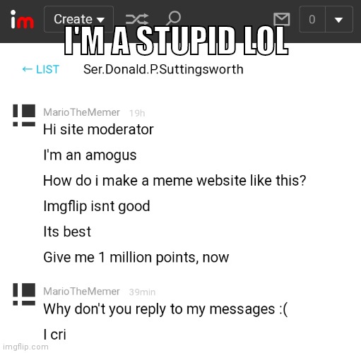 I'M A STUPID LOL | image tagged in mariothememer,site mod,trolling | made w/ Imgflip meme maker