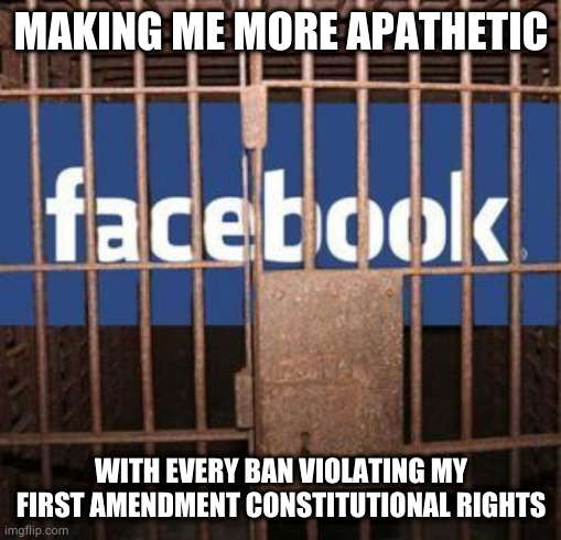 Facebook jail | MAKING ME MORE APATHETIC; WITH EVERY BAN VIOLATING MY FIRST AMENDMENT CONSTITUTIONAL RIGHTS | image tagged in facebook jail | made w/ Imgflip meme maker