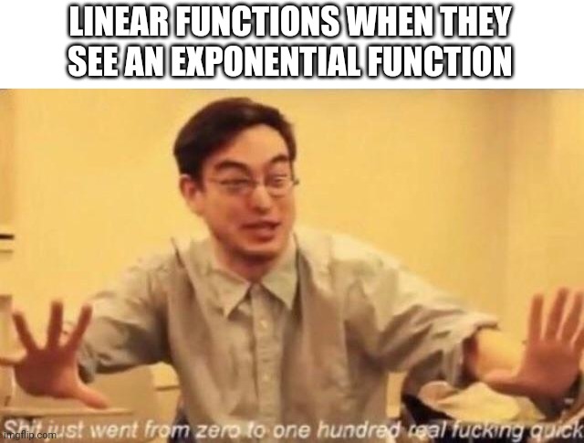 Uhhhhhh | LINEAR FUNCTIONS WHEN THEY SEE AN EXPONENTIAL FUNCTION | image tagged in shit went form 0 to 100 | made w/ Imgflip meme maker