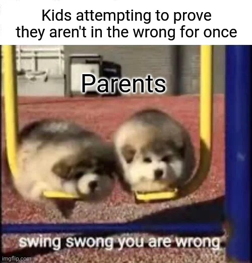 SWING SWONG YOU ARE WRONG |  Kids attempting to prove they aren't in the wrong for once; Parents | image tagged in swing swong you are wrong | made w/ Imgflip meme maker
