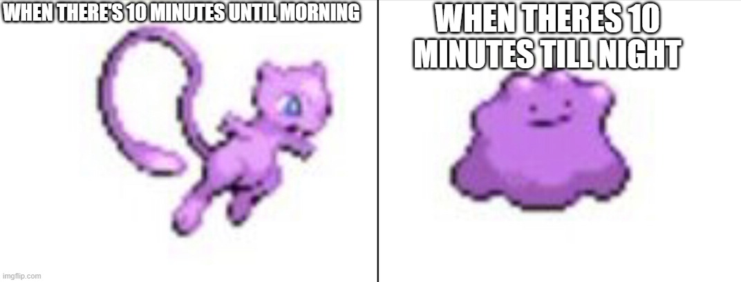 Mew & Ditto | WHEN THERE'S 10 MINUTES UNTIL MORNING; WHEN THERES 10 MINUTES TILL NIGHT | image tagged in mew ditto | made w/ Imgflip meme maker