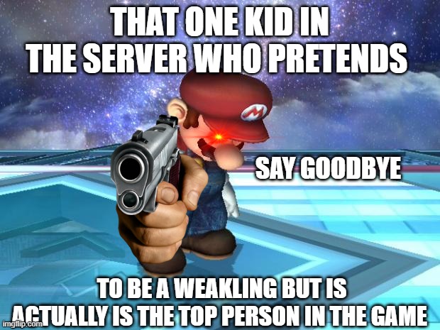a | THAT ONE KID IN THE SERVER WHO PRETENDS; SAY GOODBYE; TO BE A WEAKLING BUT IS ACTUALLY IS THE TOP PERSON IN THE GAME | image tagged in depressed mario | made w/ Imgflip meme maker