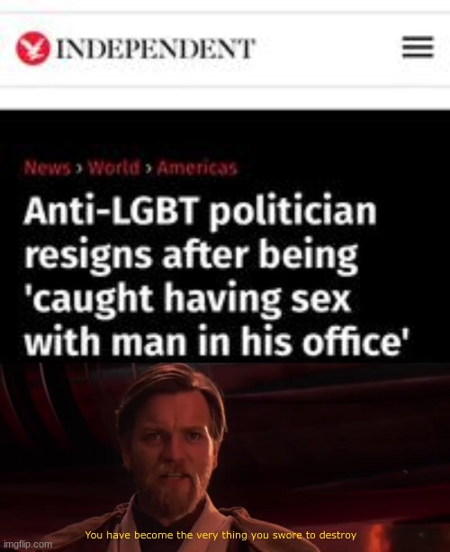 you have become the very thing you swore to destroy | image tagged in you have become the very thing you swore to destroy,star wars,article,title,anti lgtbq | made w/ Imgflip meme maker