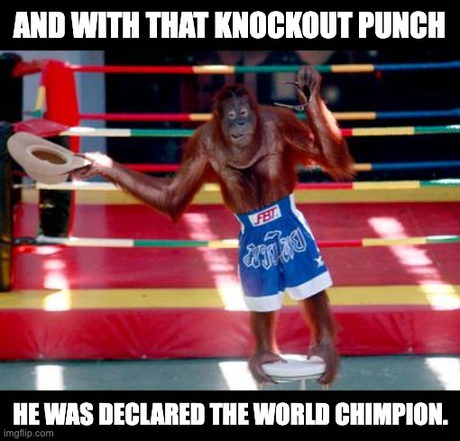 Monkey business | AND WITH THAT KNOCKOUT PUNCH; HE WAS DECLARED THE WORLD CHIMPION. | made w/ Imgflip meme maker