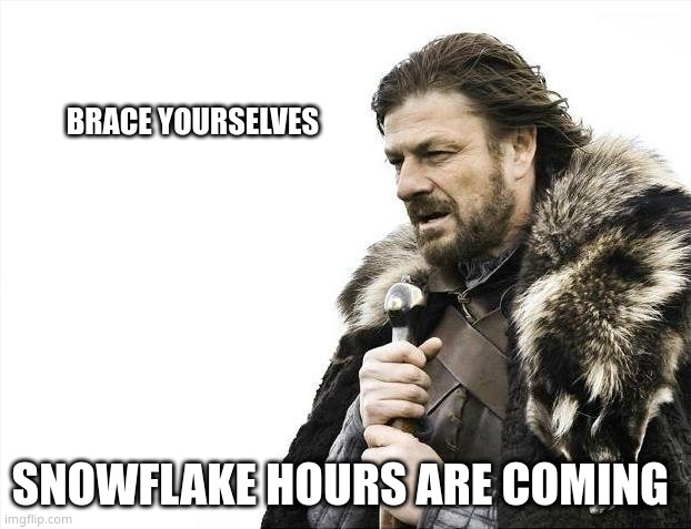 i feel like drama is about to come... | BRACE YOURSELVES; SNOWFLAKE HOURS ARE COMING | image tagged in memes,brace yourselves x is coming | made w/ Imgflip meme maker