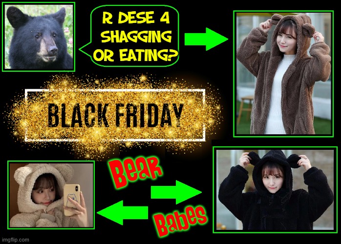 Wayne the Bear Confused on Black Friday | R dese 4
shagging or eating? Bear; Babes | image tagged in vince vance,black friday,bears,memes,teddy bear,coats | made w/ Imgflip meme maker