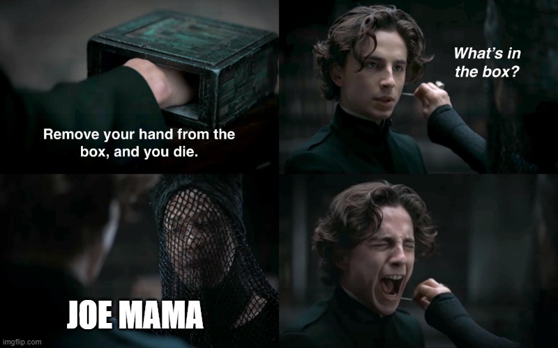 Dune What's in the box |  JOE MAMA | image tagged in dune what's in the box,joe mama,joe,omg,yup,yes | made w/ Imgflip meme maker