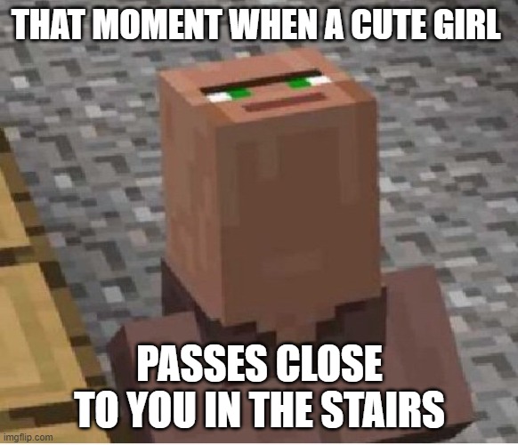 Minecraft Villager Looking Up | THAT MOMENT WHEN A CUTE GIRL; PASSES CLOSE TO YOU IN THE STAIRS | image tagged in minecraft villager looking up,minecraft villagers,villager,cute girl,stairs,wow | made w/ Imgflip meme maker