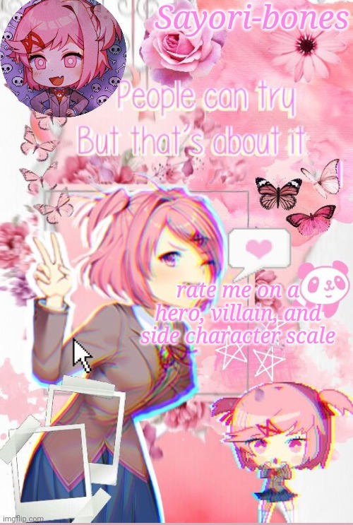 Natsuki | rate me on a hero, villain, and side character scale | image tagged in natsuki | made w/ Imgflip meme maker