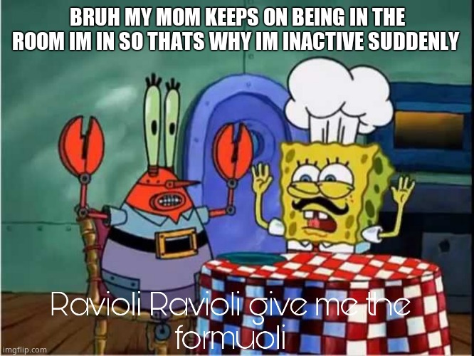 Ravioli Ravioli Give Me The Formuoli | BRUH MY MOM KEEPS ON BEING IN THE ROOM IM IN SO THATS WHY IM INACTIVE SUDDENLY | image tagged in ravioli ravioli give me the formuoli | made w/ Imgflip meme maker