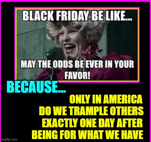 'MERICA: home of the brave & land of the wish this stuff was free |  BECAUSE... ONLY IN AMERICA
  DO WE TRAMPLE OTHERS 
  EXACTLY ONE DAY AFTER
BEING FOR WHAT WE HAVE | image tagged in vince vance,all  fridays matter,hunger games,black friday,black friday matters,memes | made w/ Imgflip meme maker