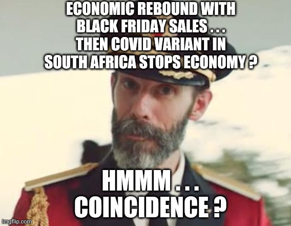 Play The Game | ECONOMIC REBOUND WITH BLACK FRIDAY SALES . . .
THEN COVID VARIANT IN SOUTH AFRICA STOPS ECONOMY ? HMMM . . .
COINCIDENCE ? | image tagged in captain obvious,economy,covid19,liberals,democrats,joe biden | made w/ Imgflip meme maker