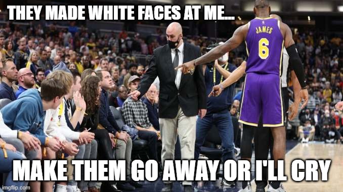LeSnitch | THEY MADE WHITE FACES AT ME... MAKE THEM GO AWAY OR I'LL CRY | image tagged in lesnitch | made w/ Imgflip meme maker